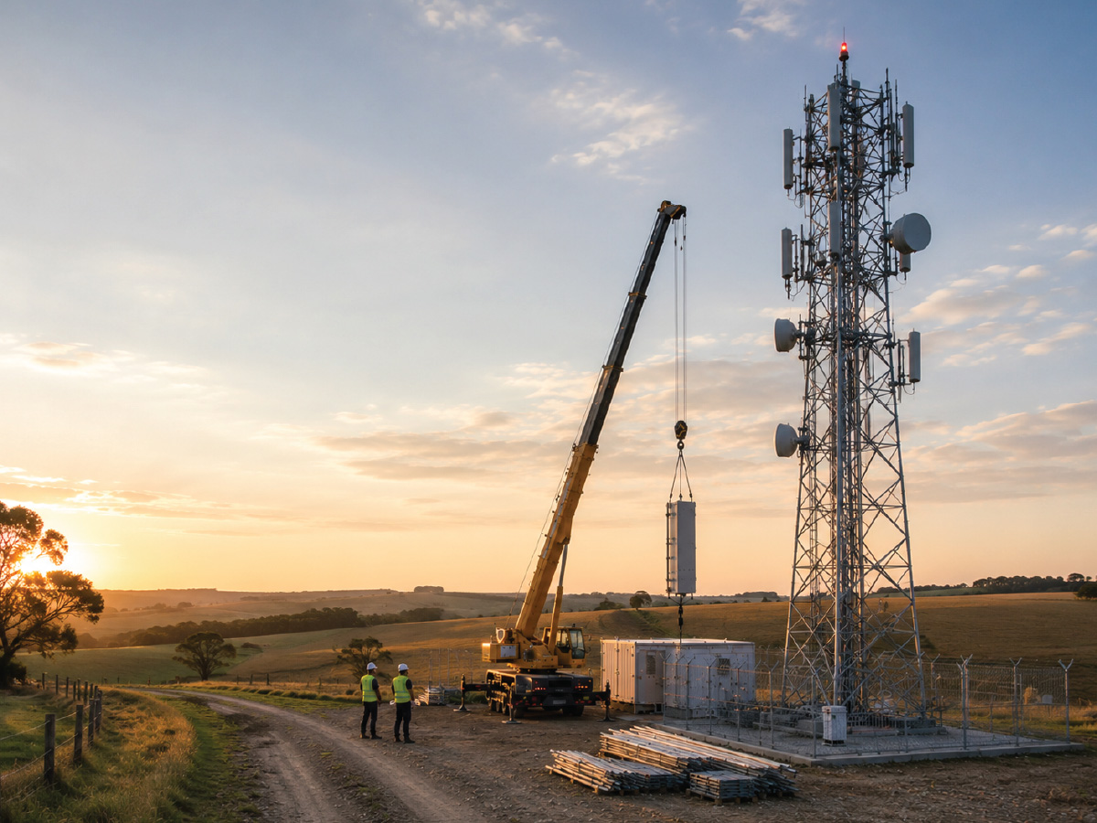 Swiftnet Build-to-Suit Infrastructure Deployment Purpose-built telecommunications tower infrastructure under construction at sunset supporting network expansion and connectivity deployment.