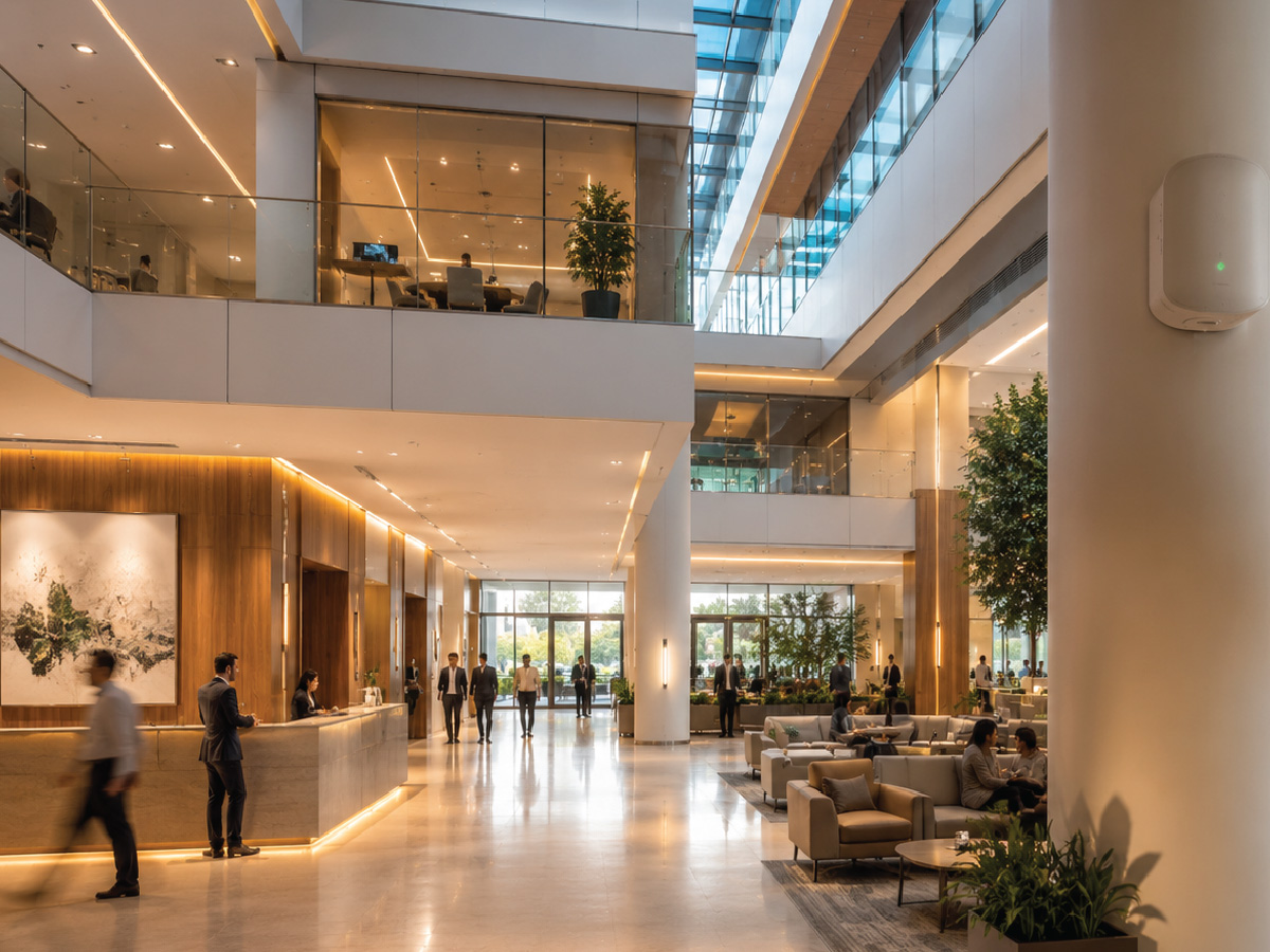 swiftnet-in-building-connectivity-solutions Modern corporate atrium with seamless indoor connectivity infrastructure supporting reliable mobile and wireless communication.